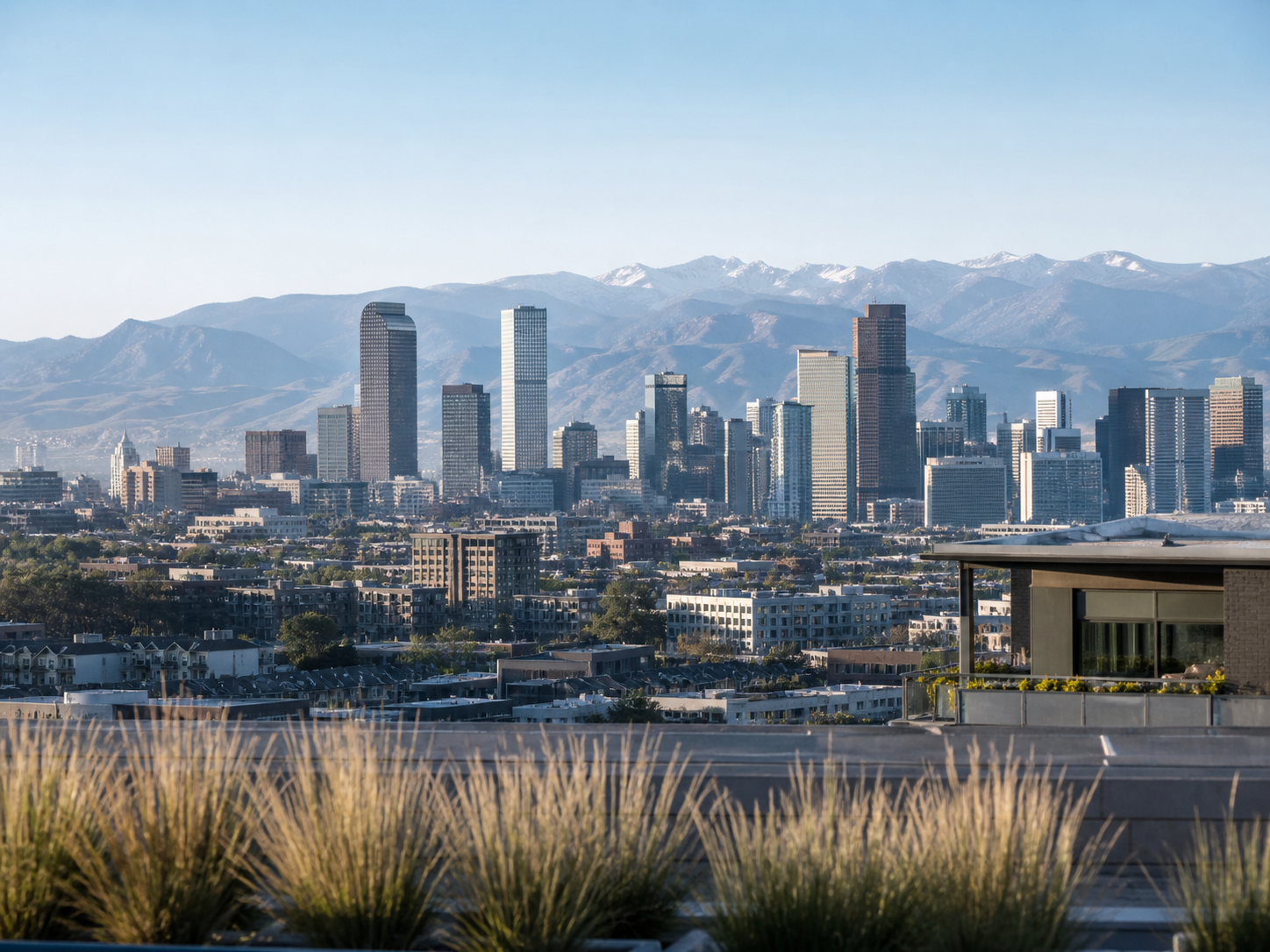 Denver skyline with the Rocky Mountains